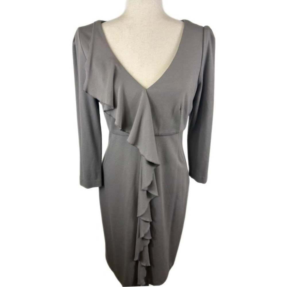 Suzi Chin for Maggy Boutique Dress Women's Size 10 Gray Taupe Ruffle Long Sleeve